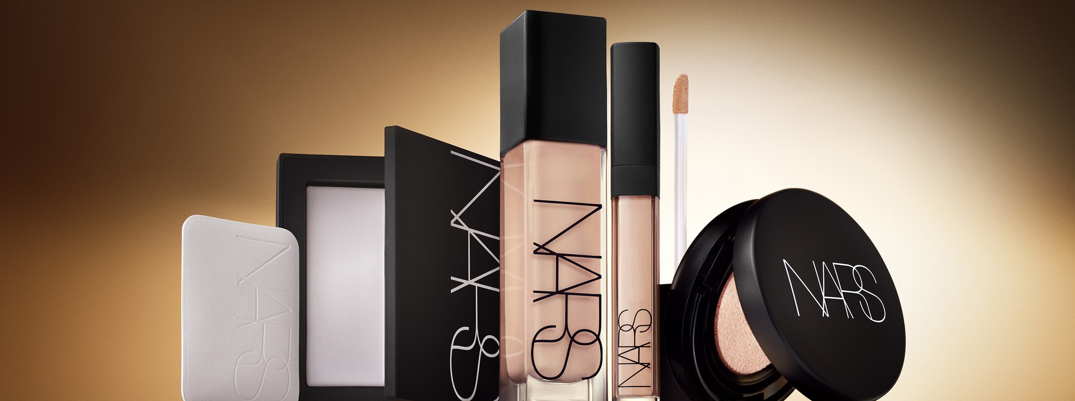 NARS makeup products arranged on gradient background, including foundation, powder, concealer, and blush compacts with the NARS logo.