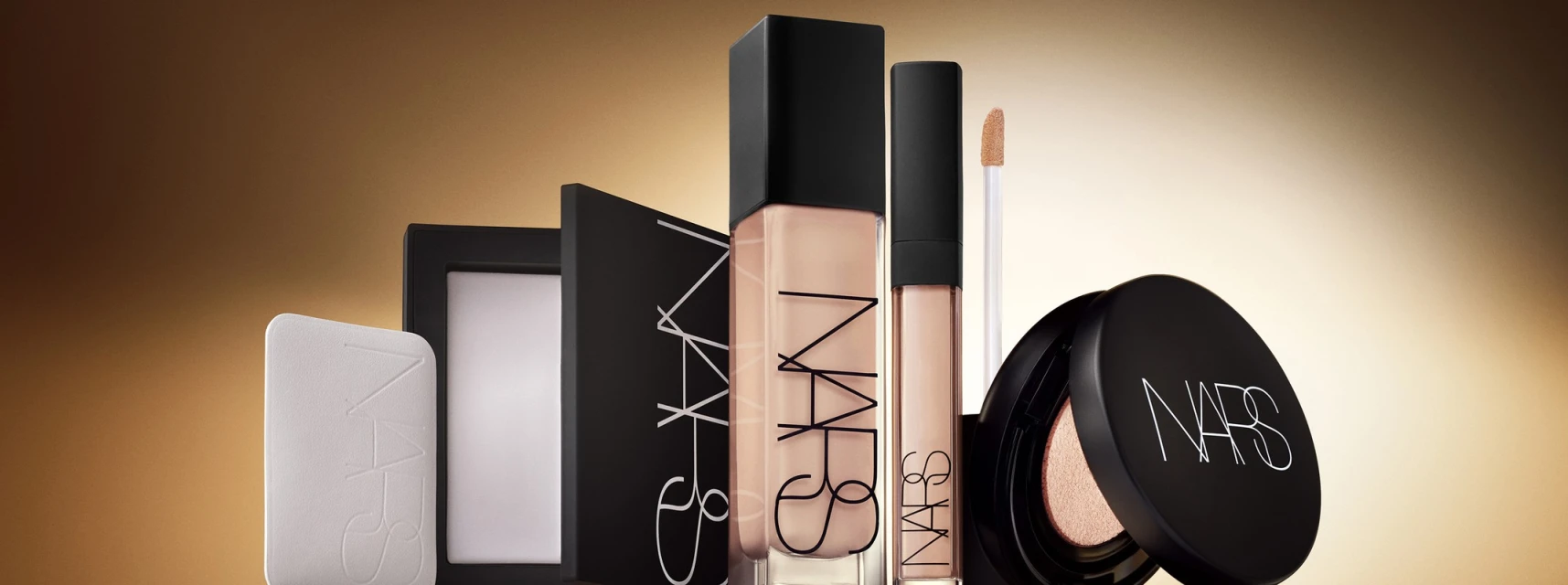 NARS makeup products arranged on gradient background, including foundation, powder, concealer, and blush compacts with the NARS logo.