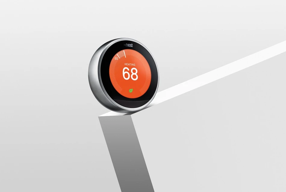 Smart home thermostat featuring a digital display set to 68 degrees, promoting energy efficiency and modern home technology, indoor, white background.