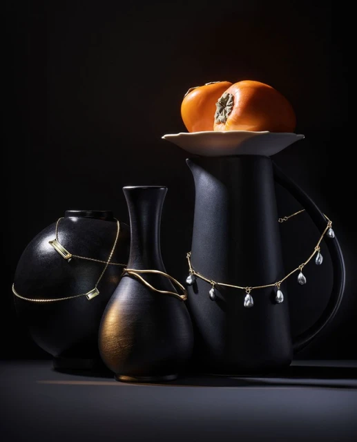 Still life of persimmons on a pedestal, with necklaces draped over three black ceramic vases against a dark background.