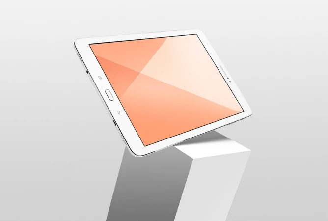Samsung tablet on a white cube against a white background, showcasing its sleek design and vibrant screen. Minimalist tech product shot.