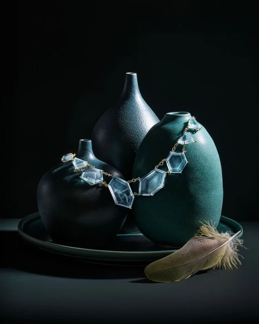 Still life photograph of three ceramic vases of different shapes and sizes sitting on a round tray, adorned with a necklace and feather.