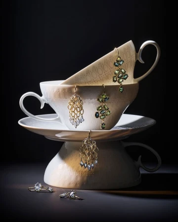 Elegant still life photo of teacups stacked with green and gold earrings and rings against a dark backdrop in a photo studio.