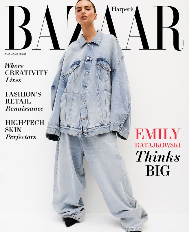 Magazine cover of Harper's Bazaar featuring Emily Ratajkowski in a light denim jacket and jeans on a white background with bold typography.