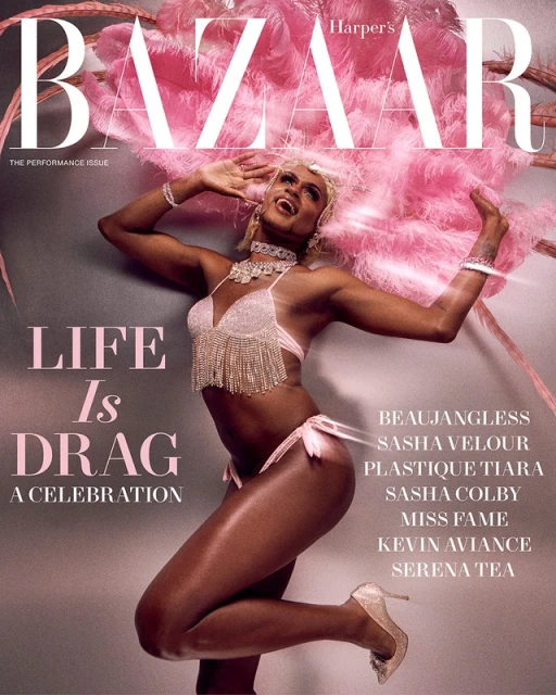 Harper's Bazaar cover featuring a performer in a pink feathered headpiece and bikini, celebrating drag culture. The image is set against a muted background.