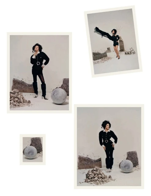Collage of fashion shots featuring a woman in a black outfit with a short skirt, high heels and posing in an abstract environment.