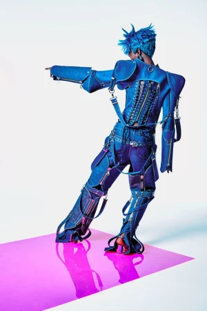 A person wearing a blue denim outfit with spiky blue hair stands on a pink surface in a studio, pointing their left hand to the side.