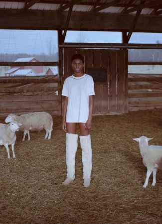 Model wearing a white t-shirt and tall furry boots stands inside a wooden barn surrounded by several sheep.