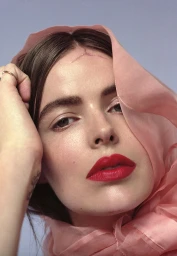 Close-up portrait of a woman wearing a sheer pink headscarf with vibrant red lipstick and glossy skin.