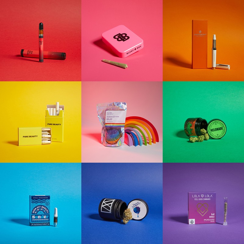 Assortment of cannabis products arranged in a 3x3 grid against brightly colored backgrounds in a flat lay product photography style.