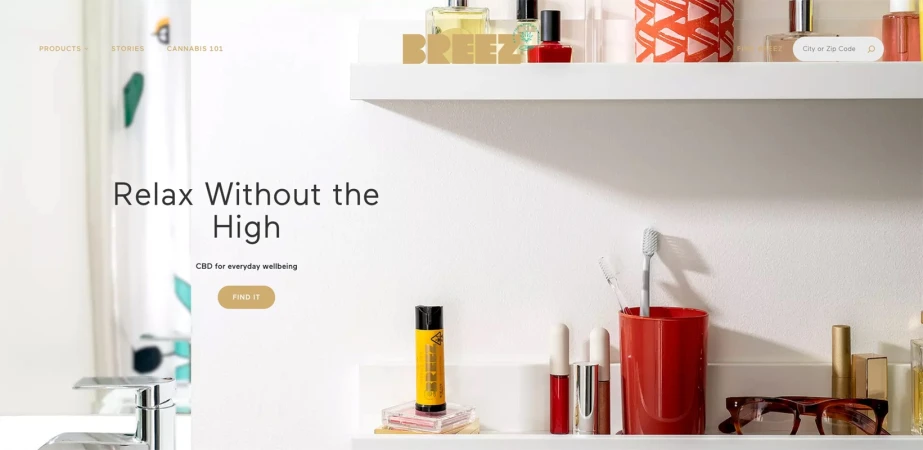 Website advertisement featuring CBD products on white shelves in an indoor bathroom setting with natural, diffused lighting.