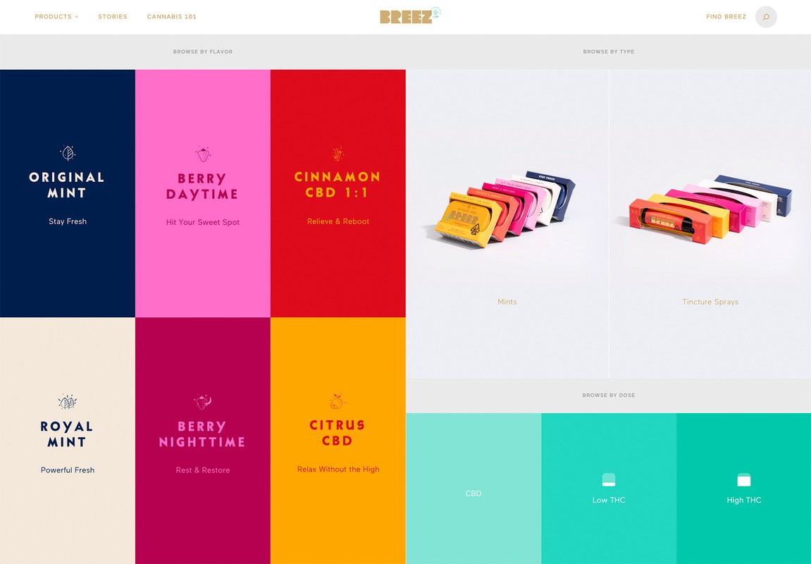 Website design showcasing Breez cannabis products, featuring colorful square panels with text labels and product packaging images.