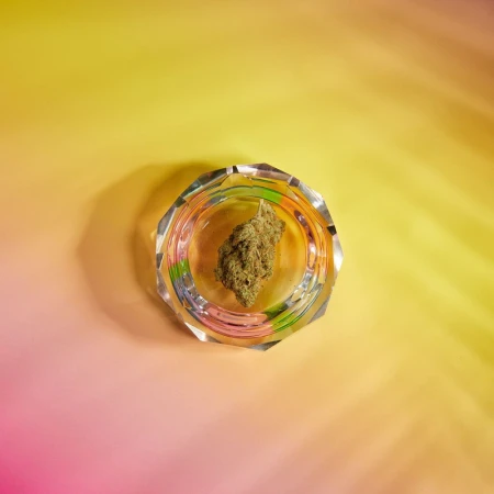 A dried botanical bud rests inside a multifaceted glass ashtray centered on a warm gradient background.