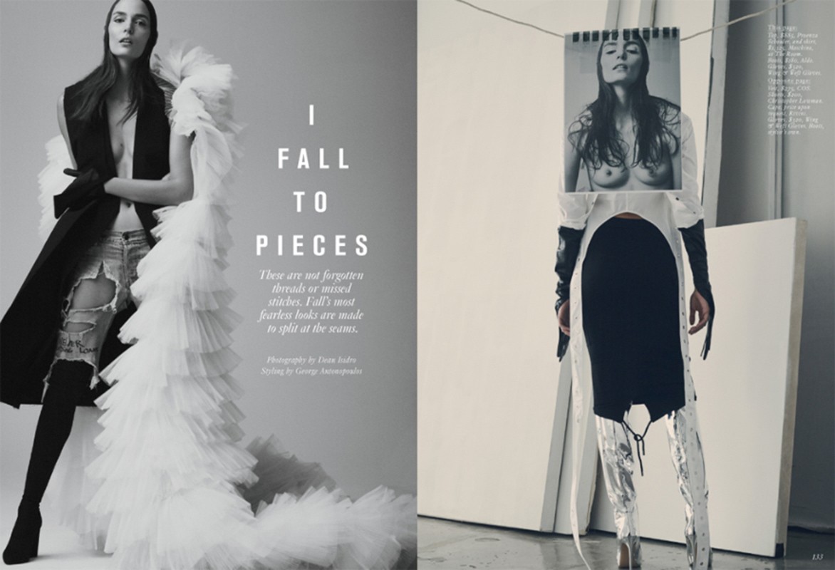 Black-and-white fashion editorial featuring two women in avant-garde attire with tulle, deconstructed jeans, and a portrait headpiece.