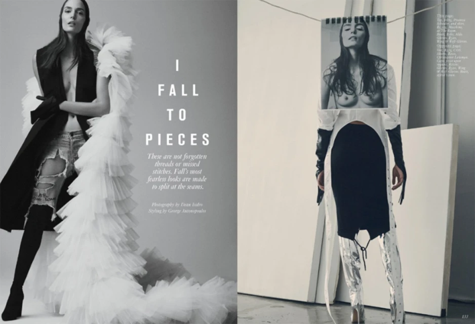 Black-and-white fashion editorial featuring two women in avant-garde attire with tulle, deconstructed jeans, and a portrait headpiece.
