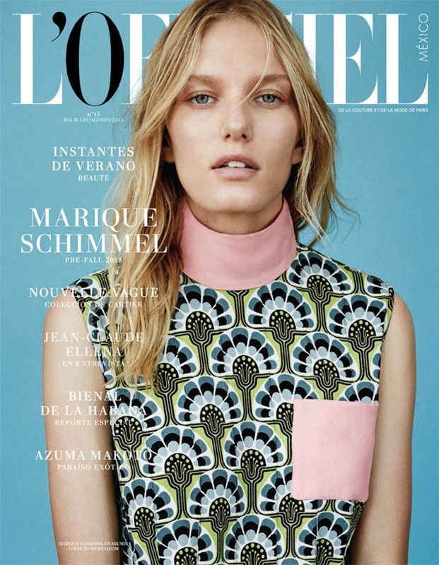 Magazine cover featuring a blonde woman with a patterned top and pink collar, with 'L'Officiel Mexico' and other text overlaid.