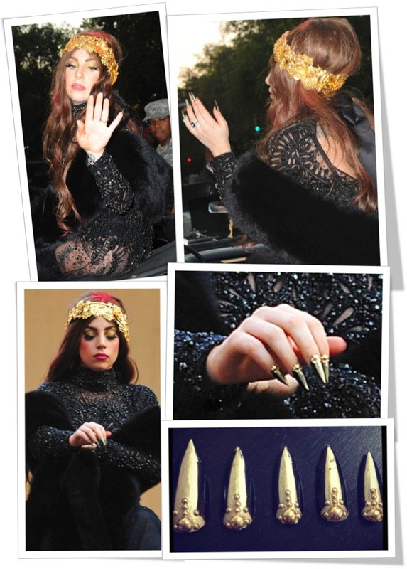 Collage of Lady Gaga portraits showcasing a gold leaf headpiece, long dark nails, and an elegant black lace dress, with a blurred backdrop.