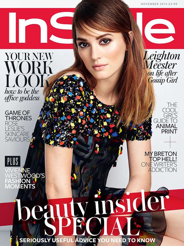 Magazine cover featuring Leighton Meester, fair-skinned woman with brown hair, wearing colorful dress, against a red and white background.