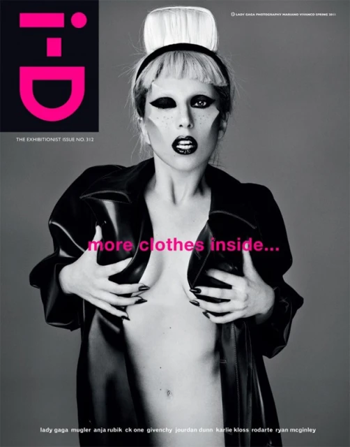 Lady Gaga on the cover of i-D magazine, wearing a black vinyl jacket and heavy makeup, with pink text overlayed on the image.
