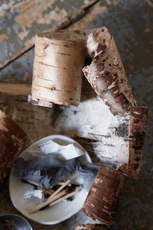 Still life featuring birch bark, feathers, and matches in a small white dish, displayed on a rustic wooden surface with visible grain.
