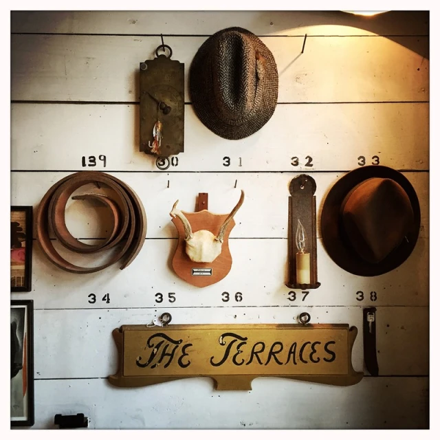 Rustic wall display with vintage hats, deer antlers, and antique decor arranged in a grid pattern against aged wood paneling.