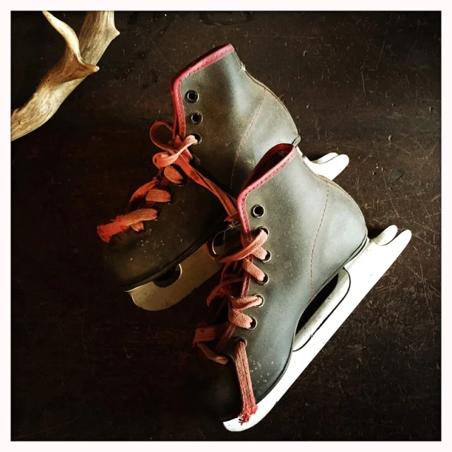 Vintage ice skates with brown leather boots and orange laces rest on a dark brown surface, with deer antlers in the background.