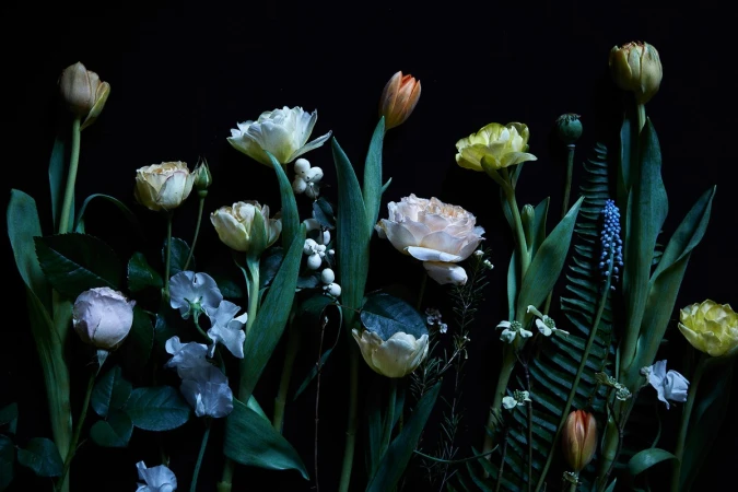 A dark floral arrangement featuring white tulips, roses, and green foliage against a solid black background.