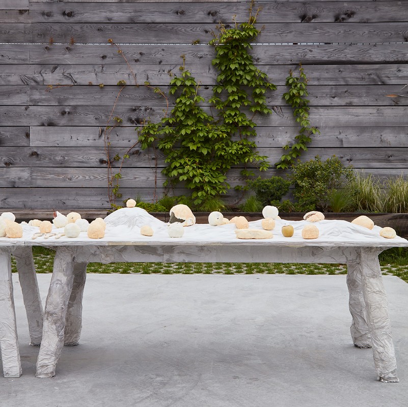 Outdoor still life features white tablecloth-covered table with white, tan, and apple-green objects and a rustic wood fence backdrop with vines.