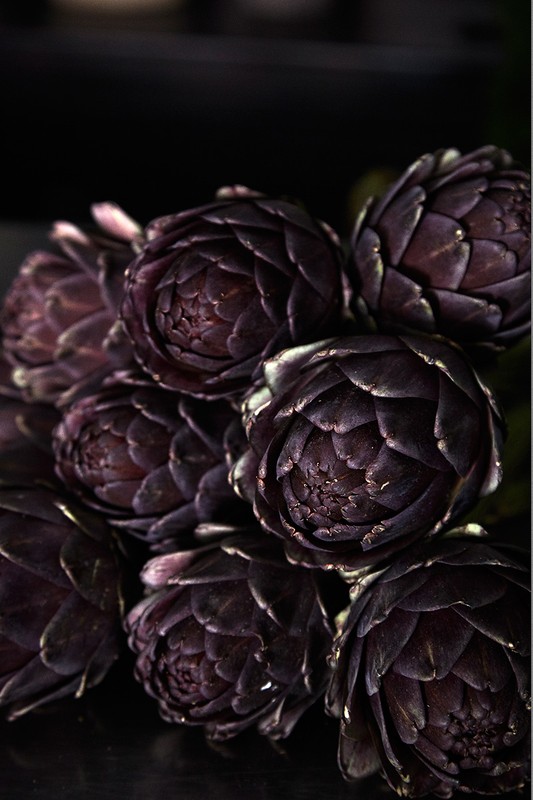 Close-up of a cluster of dark purple artichokes with textured petals against a dark background, highlighting the vegetable's form and color.