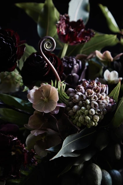 Still life of dark red and purple flowers and green leaves arranged against a black background in a moody, artistic style.