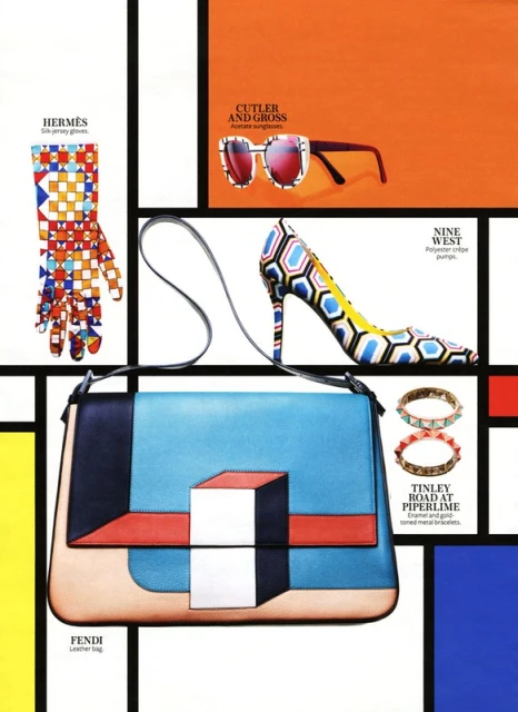 Flat lay photograph with a Mondrian-style grid showcasing designer fashion accessories: a purse, gloves, heel, bracelet, and sunglasses.