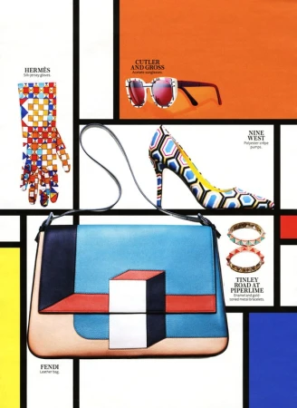Flat lay photograph with a Mondrian-style grid showcasing designer fashion accessories: a purse, gloves, heel, bracelet, and sunglasses.