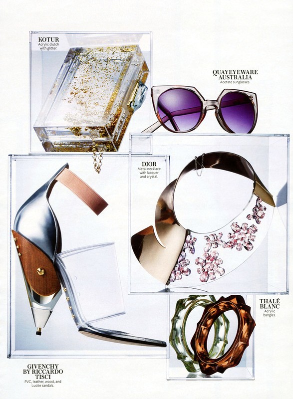 Fashion editorial featuring an acrylic clutch with glitter, sunglasses, metal necklace, open toe heels, and acrylic bangles displayed in clear boxes.