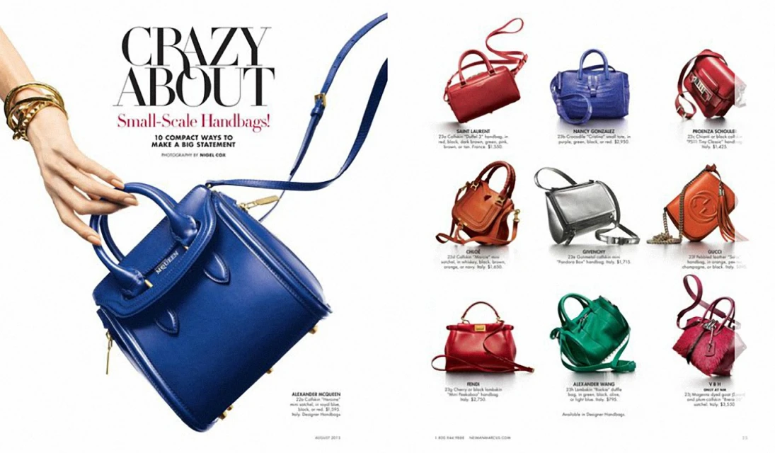 Fashion editorial shot of handbags by designer brands including Alexander McQueen, Gucci, Saint Laurent, Fendi, and Alexander Wang.