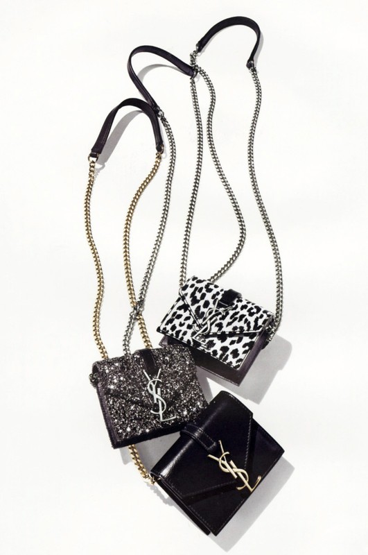 Three fashionable YSL chain bags with glitter, animal print, and patent leather finishes on a clean white backdrop.