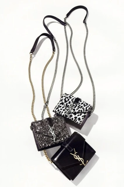 Three fashionable YSL chain bags with glitter, animal print, and patent leather finishes on a clean white backdrop.