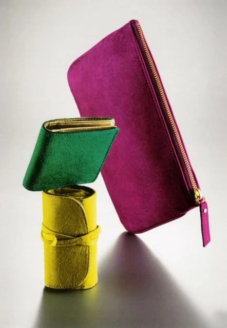 Elevated still life featuring a yellow rolled case, a green wallet, and a fuchsia zippered case against a gradient gray background.