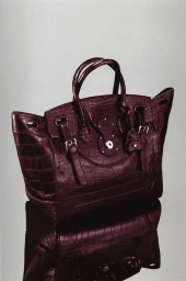 Burgundy embossed leather handbag styled by Peter Tran displayed on a glossy reflective surface against a grey backdrop