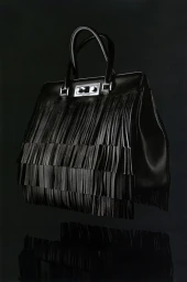 Black leather fringed handbag styled by Peter Tran against a dark background