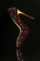 Close-up product shot of a jeweled stiletto high heel shoe with colorful gems against a black background styled by Peter Tran