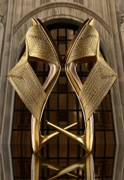 Symmetrical reflection of two metallic gold stiletto heels against a classic stone architectural archway.