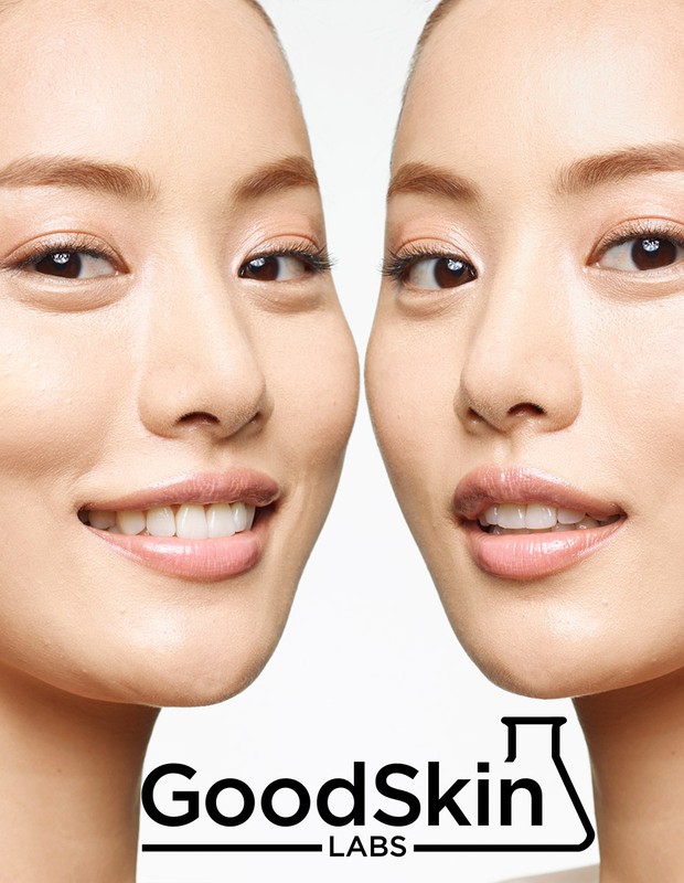 Close-up beauty shot featuring two Asian adult females with flawless skin, light makeup, and a white backdrop; GoodSkin LABS logo visible.