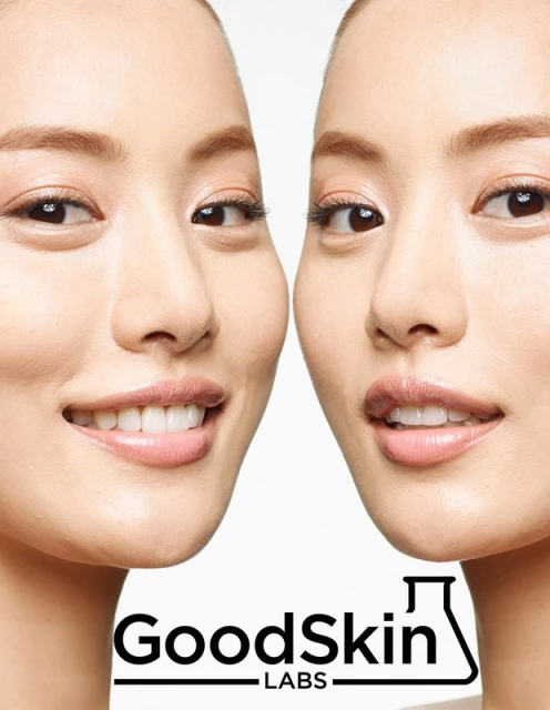 Close-up beauty shot featuring two Asian adult females with flawless skin, light makeup, and a white backdrop; GoodSkin LABS logo visible.