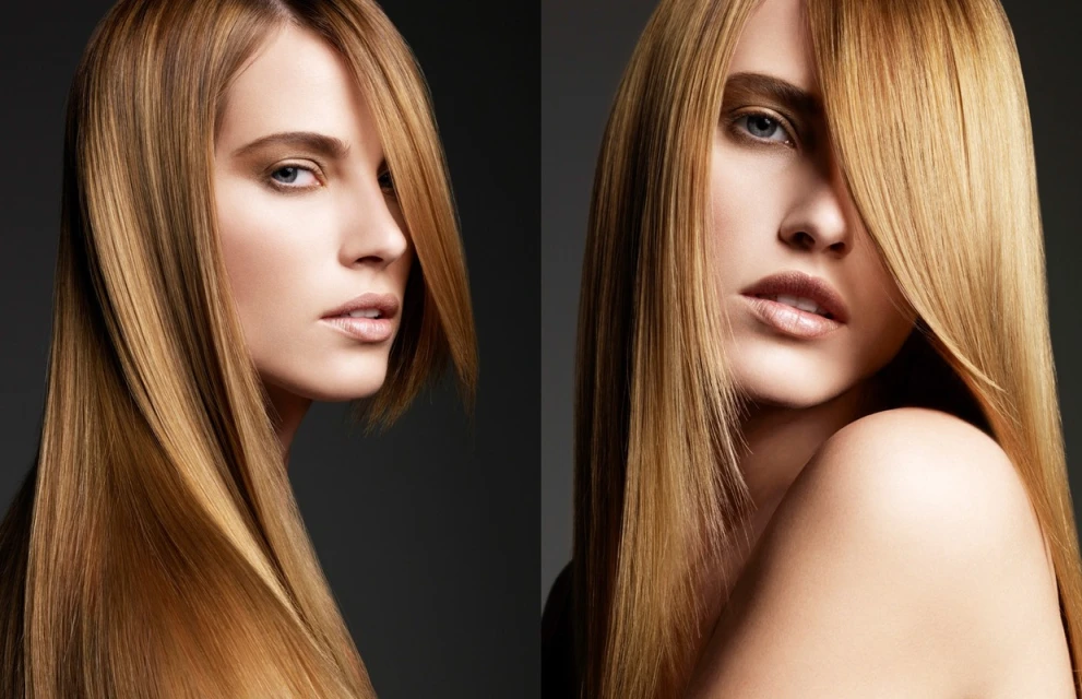 Split-screen portrait of a blonde adult woman with smooth hair, minimal makeup, and a grey backdrop in a beauty fashion studio.
