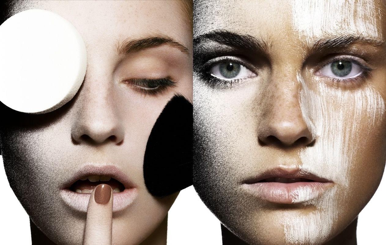 Two portraits of women showcase contrasting makeup application, highlighting beauty and makeup artistry with stark black and white contrasts.