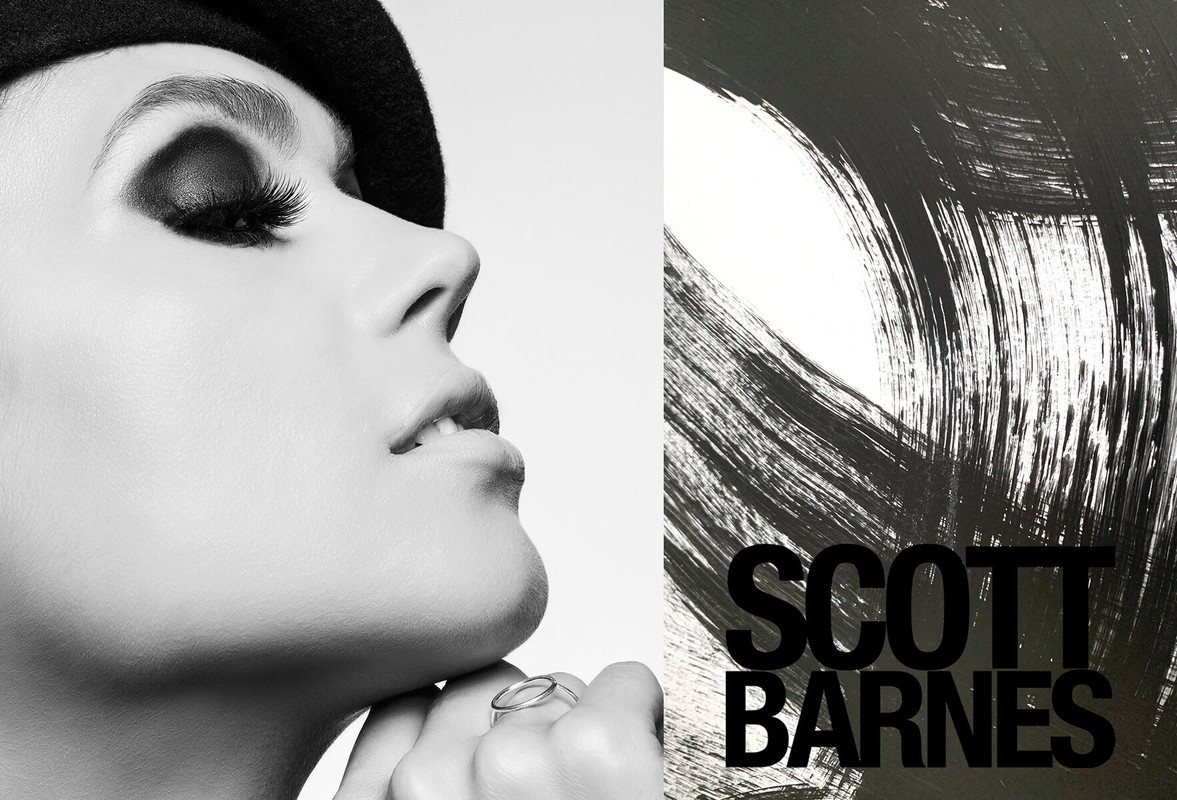 Black and white beauty shot of an adult female wearing a hat, heavy eye makeup, and a ring, next to abstract brushstrokes and text.
