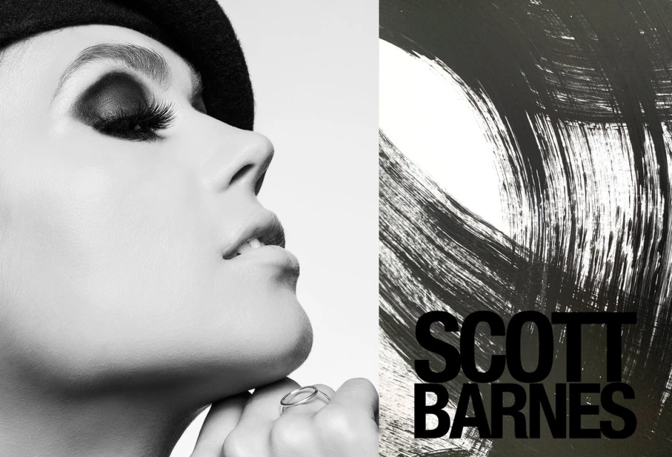 Black and white beauty shot of an adult female wearing a hat, heavy eye makeup, and a ring, next to abstract brushstrokes and text.