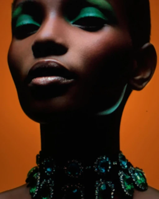 Close-up studio shot of a dark-skinned woman with green eyeshadow and an emerald gemstone necklace against an orange backdrop.