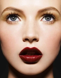 Close-up portrait of a woman with bold dark red lipstick and defined eye makeup by photographer Philippe Salomon