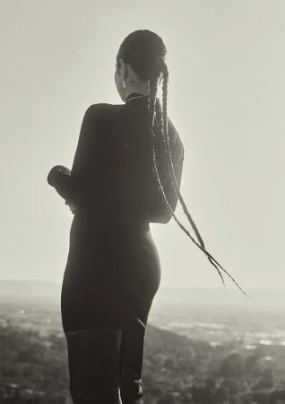 Woman seen from behind with long braided pigtails wearing a dark fitted dress against a bright sky and distant horizon